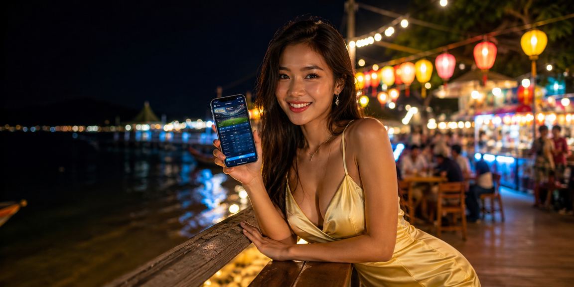 Chợ đêm Phú Quốc với người dùng chơi casino trên điện thoại di động trong không khí sôi động
