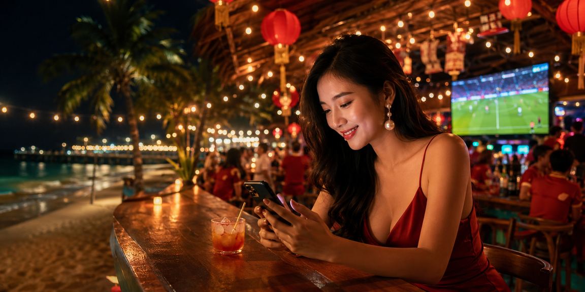 Người chơi trải nghiệm slot game trên bãi biển Phú Quốc qua điện thoại